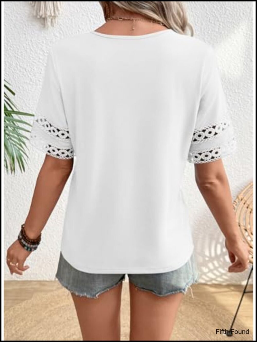 Lace Hollow Out Short Sleeve Crew Neck T-Shirt Blouse - Picture 5 of 6